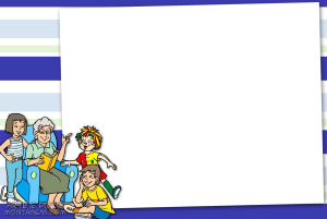 Dona Benta, Pedrinho, Narizinho, Emília (Sítio Picapau Amarelo clássico), moldura retangular branca, fundo listrado azul.