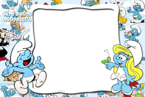 Papai Smurf, Smurfette, Smurfs clássicos, Gargamel, Cruel, moldura branca irregular, fundo estampa Smurfs.