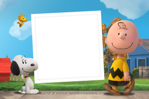 Snoopy e Charlie Brown, Woodstock, moldura quadrada branca borda marrom (polaroid), fundo gramado casa.