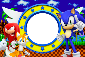 Sonic, Tails, Knuckles, moldura circular azul estrelas amarelas, fundo jogo Sonic clássico.
