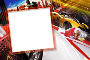 Speed Racer Mach 5, Corredor X, moldura quadrada vermelha borda preta, fundo pista cidade.