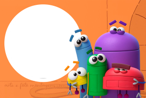 Grupo StoryBots coloridos, moldura circular branca, fundo laranja.