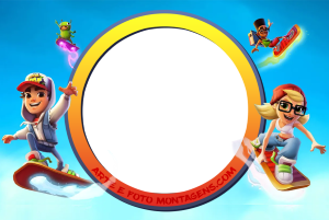 Jake, Tricky, outros (Subway Surfers), skates, moldura circular amarela laranja borda azul, fundo céu.