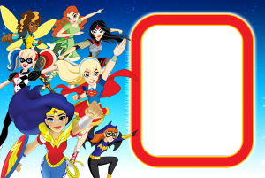 Grupo DC Super Hero Girls (Mulher Maravilha, Supergirl, Batgirl, etc.) voando, moldura retangular vertical amarela borda vermelha, fundo espaço.