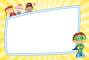 Personagens Super Why! (Whyatt, Pig, Red, Princess Presto), moldura azul clara formato livro, Super Why! ao lado.