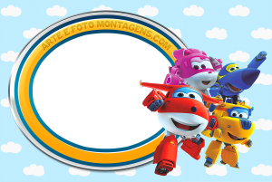 Jett, Dizzy, Donnie, Jerome (Super Wings), moldura circular azul escura borda amarela, fundo céu nuvens.