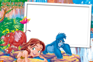 Tarzan, Tantor, Terk (Tarzan Disney), moldura retangular borda branca (polaroid), fundo selva cachoeira.