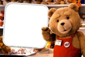 Urso Ted, avental supermercado, moldura cinza cantos arredondados, supermercado.