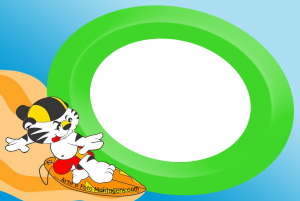 Tigrão surfando, moldura circular verde grande, fundo praia céu.