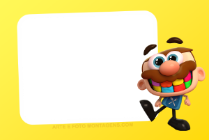 Moldura digital com fundo amarelo vibrante e um grande espaço central branco de cantos arredondados, destacando à direita o personagem José (o Papai do Totoy Kids), conhecido por seus dentes grandes e coloridos, bigode marrom e camiseta azul com estampa de talheres.