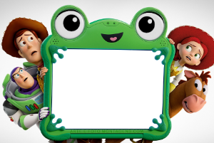 Moldura digital com espaço central em branco, emoldurado pelo tablet em formato de sapo chamado Lilypad, com Woody, Buzz, Jessie e Bala no Alvo espiando preocupados.