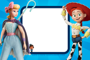 Betty e Jessie (Toy Story), moldura azul escura cantos arredondados, fundo azul raios.