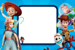Jessie, Betty, Garfinho, Woody, Buzz Lightyear (Toy Story 4), moldura azul escura cantos arredondados, fundo azul raios.