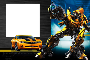 Bumblebee Transformers (robô e carro), moldura preta cinza, fundo metálico.