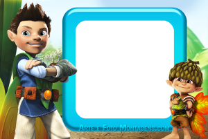 Tom e Twigs (Tree Fu Tom), moldura quadrada branca cantos arredondados borda azul, fundo floresta.