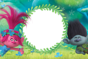 Poppy e Tronco (Trolls), moldura verde formato guirlanda folhas, fundo floresta mágica.