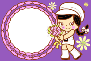 Menina Tutti Cuti, buquê, moldura oval rosa borda trançada marrom, fundo roxo flores.