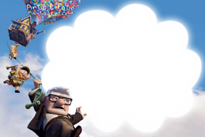 Carl, Russell, Dug (Up Altas Aventuras), casa voadora, moldura branca formato nuvem, fundo céu.