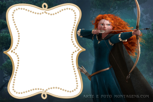 Princesa Merida (Valente), arco flecha, moldura bege formato escudo borda pontilhada, fundo floresta escura.