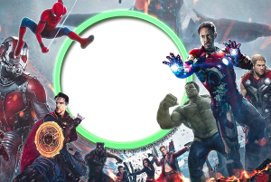 Vingadores (Homem-Aranha, Homem Ferro, Thor, Hulk, etc.), Guerra Infinita, moldura circular verde branca.