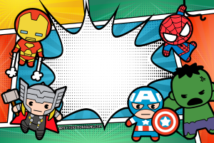Vingadores chibi (Homem Ferro, Thor, Capitão América, Hulk, Homem-Aranha), moldura preta formato explosão, fundo quadrinhos.