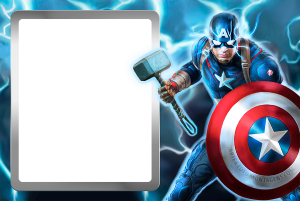 Capitão América empunhando Mjolnir, moldura cinza formato cristal, fundo azul raios.