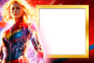 Capitã Marvel poderes, moldura retangular vertical branca borda dourada, fundo vermelho azul cósmico.
