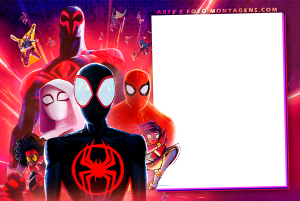 Personagens Homem-Aranha Aranhaverso (Miles, Gwen, Peter B.), moldura retangular vertical branca borda pink, fundo arte filme.