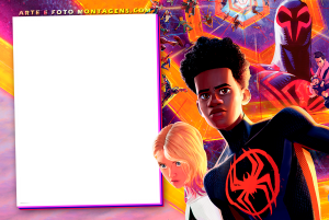 Miles Morales e Gwen Stacy (Homem-Aranha Aranhaverso), moldura retangular vertical branca borda pink, fundo arte filme.