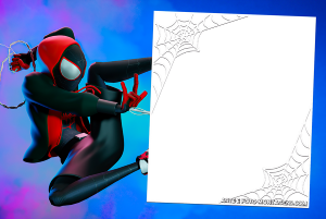 Homem-Aranha Miles Morales saltando, moldura retangular vertical branca cantos teia, fundo azul roxo.