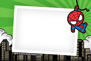 Homem-Aranha chibi, moldura lilás distorcida borda azul, fundo cidade cinza.