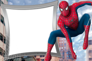 Homem-Aranha filme, traje simbionte, moldura cinza formato escudo, fundo cidade chuvosa.