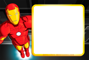 Homem de Ferro filme, personagens, moldura preta formato escudo metálico, fundo preto.