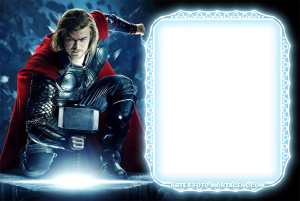 Thor filme, Mjolnir, moldura retangular vertical azul clara borda branca brilhante, fundo escuro tempestuoso.