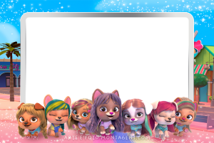 Grupo cachorrinhos VIP Pets, moldura retangular cinza claro, fundo cidade praia.