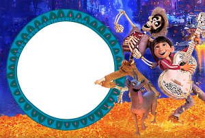 Miguel, Hector, Dante (Viva A Vida é uma Festa), moldura circular verde-escura borda estampada, fundo pétalas cempasúchil.
