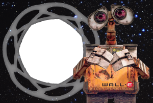 Robô Wall-E, moldura cinza claro formato órbita, fundo espaço estrelado.