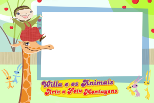 Willa e animais (girafa, coelhos), logo Willa e os Animais, moldura retangular branca, fundo parque.