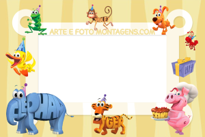 Animais letras WordWorld (Sapo, Macaco, etc.), festa, moldura retangular branca borda preta, fundo bege.