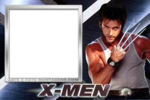 Wolverine X-Men (Hugh Jackman), garras, moldura quadrada branca borda prateada, logo X-MEN.