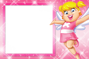 Xuxinha fada voando, moldura quadrada branca borda pink, fundo pink brilhos.