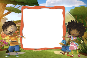 Zack e Quack, amigos, moldura laranja formato irregular, fundo jardim.
