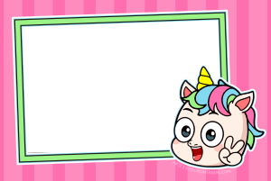 Unicórnio Zozo Kids chibi, fazendo paz, moldura retangular borda dupla verde branca, fundo listrado rosa.