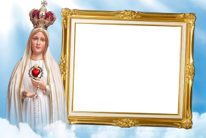 Nossa Senhora de Fátima, moldura dourada ornamentada, fundo céu.