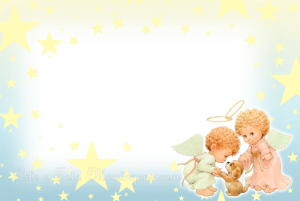 Dois anjinhos, cachorrinho, nuvens, fundo céu estrelado.