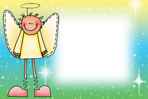 Anjo menino palito, auréola, asas, fundo azul verde amarelo.