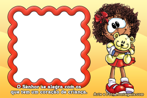 ursinho pelúcia, frase o Senhor se alegra com os que tem o coração de criança, moldura vermelha, fundo amarelo.